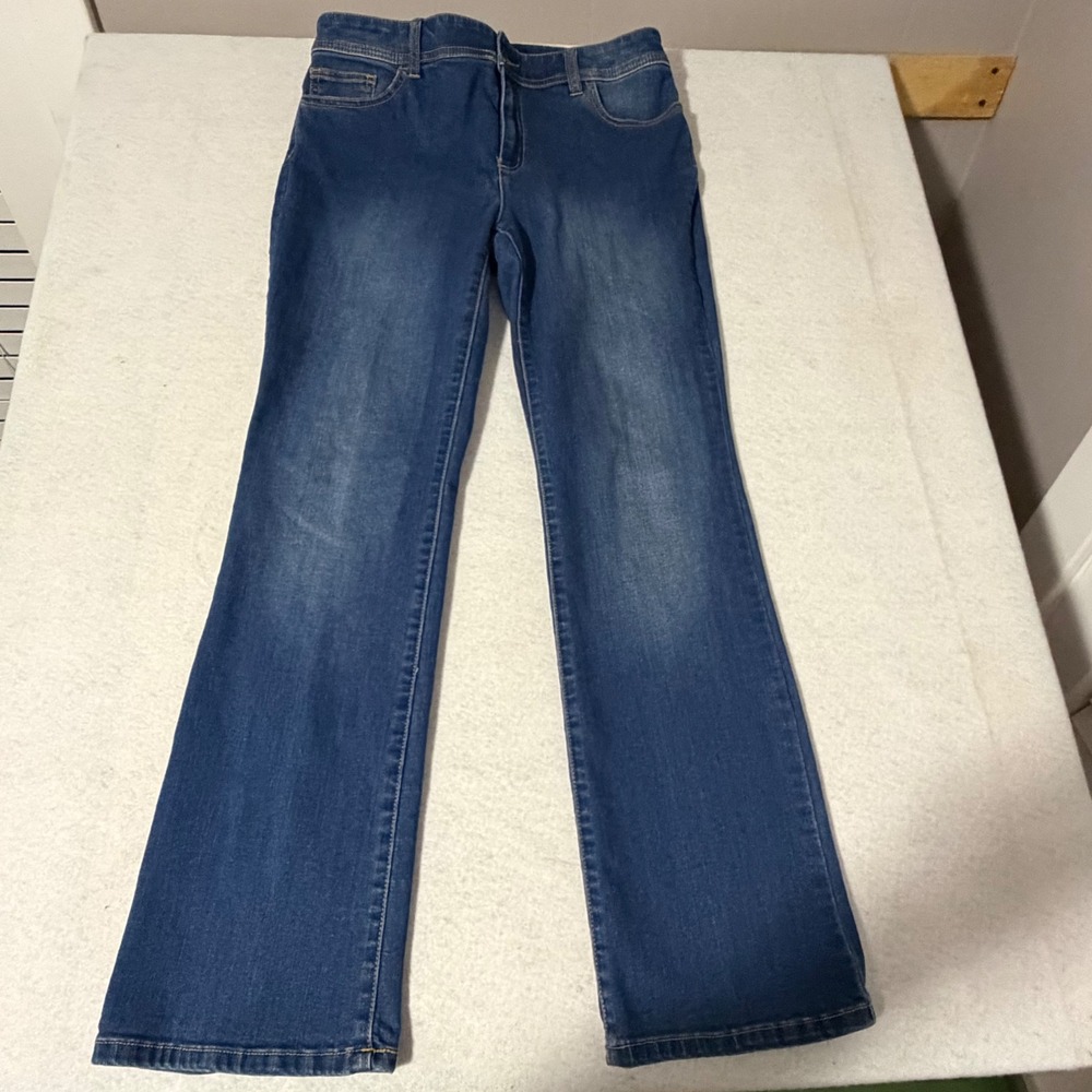 Chicos So Slimming Bootcut Jeans Blue Studded Pockets Size 1 Short Medium Wash